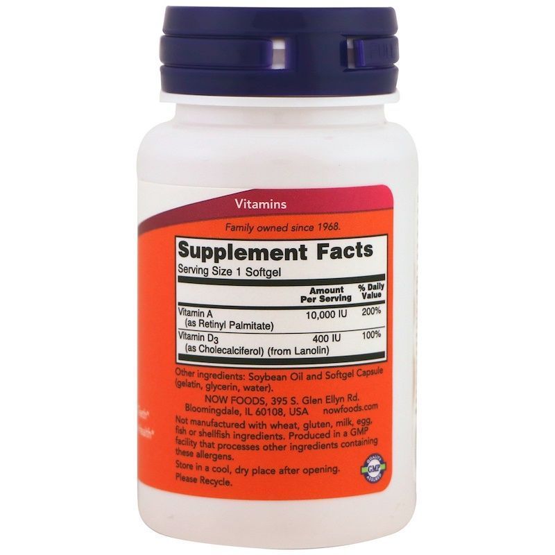 NOW Foods, Vitamin A & D 10,000/400 IU, 100 капсул