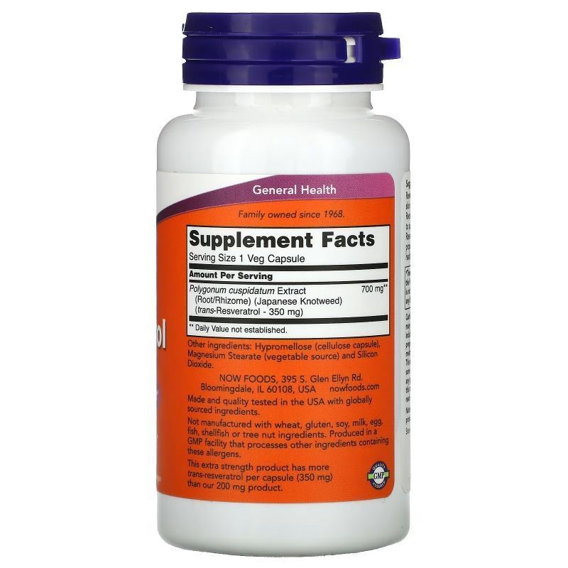 NOW Foods, Extra Strength Resveratrol, 350 мг, 60 вегетаріанських капсул