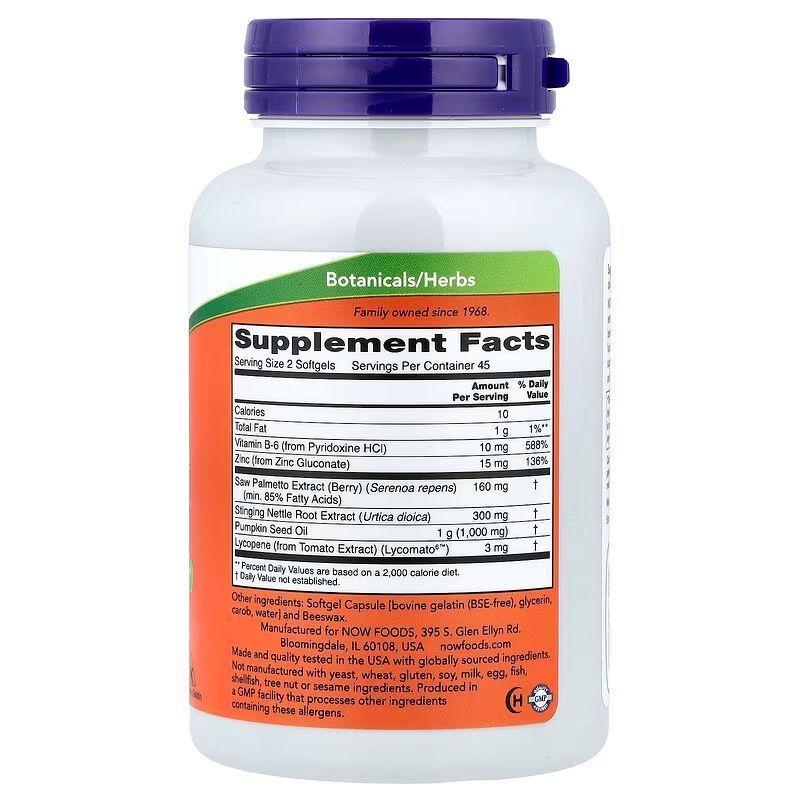 NOW Foods, Prostate Support, 90 м'яких капсул