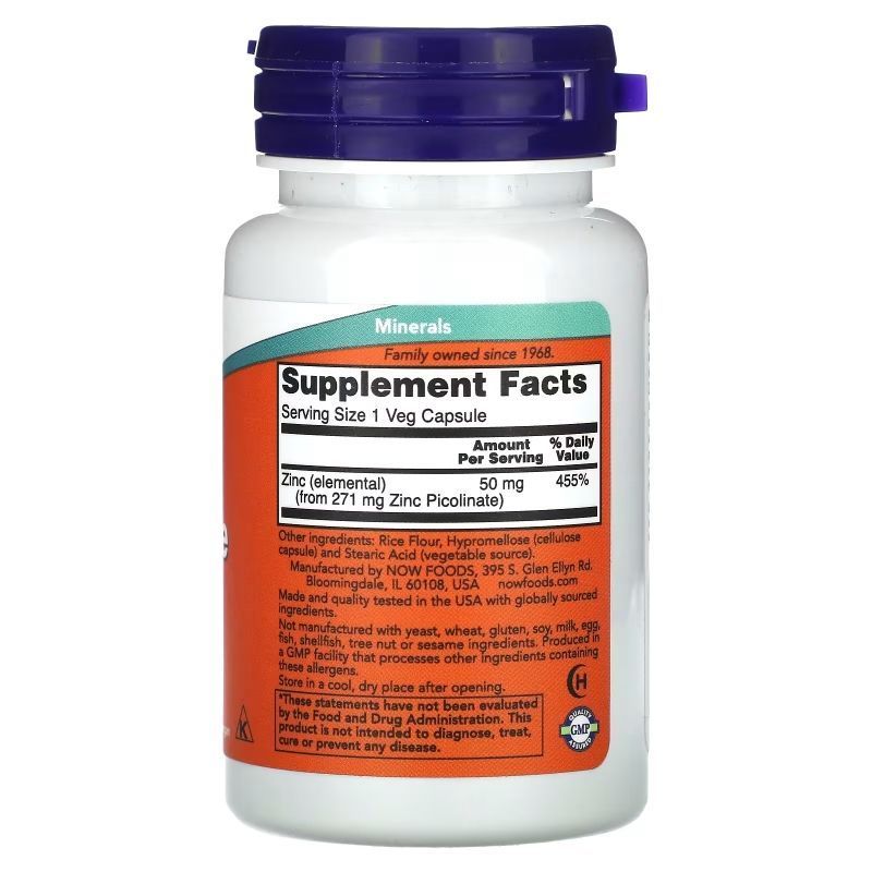 NOW Foods, Zinc Picolinate, 50 мг, 30 вегетаріанських капсул