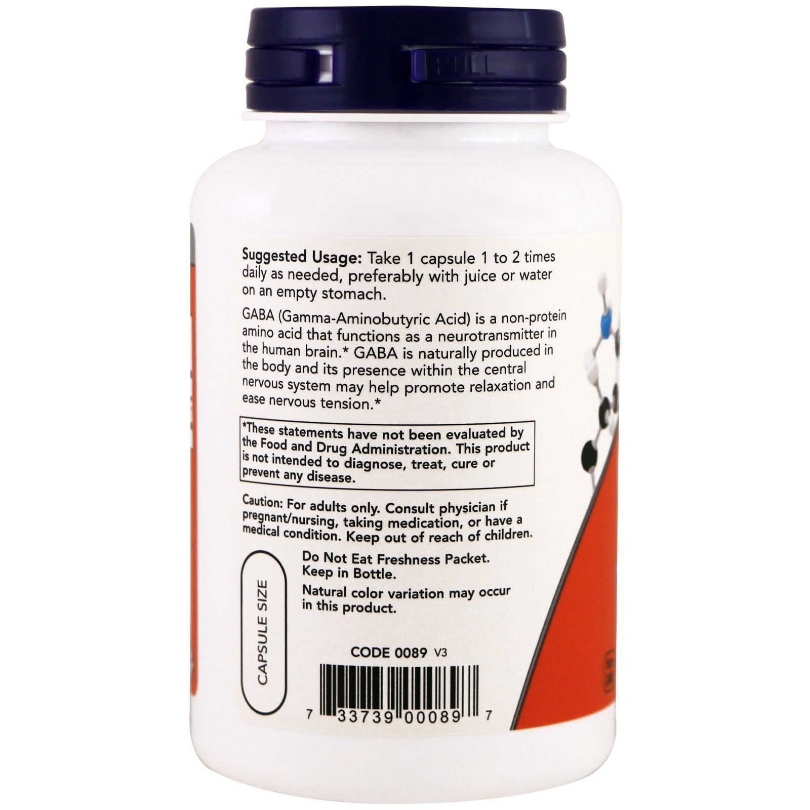 NOW Foods, GABA, 750 мг, 100 капсул