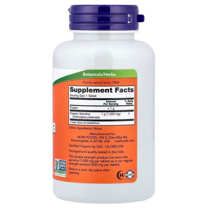 NOW Foods, Certified Organic, Spirulina, 1000 мг, 120 таблеток