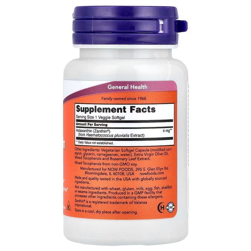 NOW Foods, Astaxanthin, 4 мг, 60 м'яких капсул