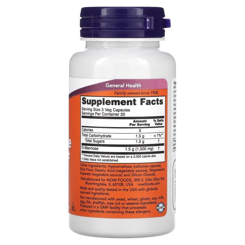 NOW Foods, D-Mannose, 500 мг, 60 капсул