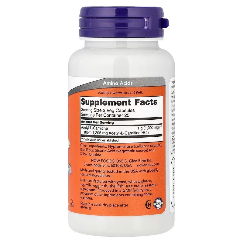 NOW Foods, Acetyl-L-Carnitine, 500 мг, 50 капсул