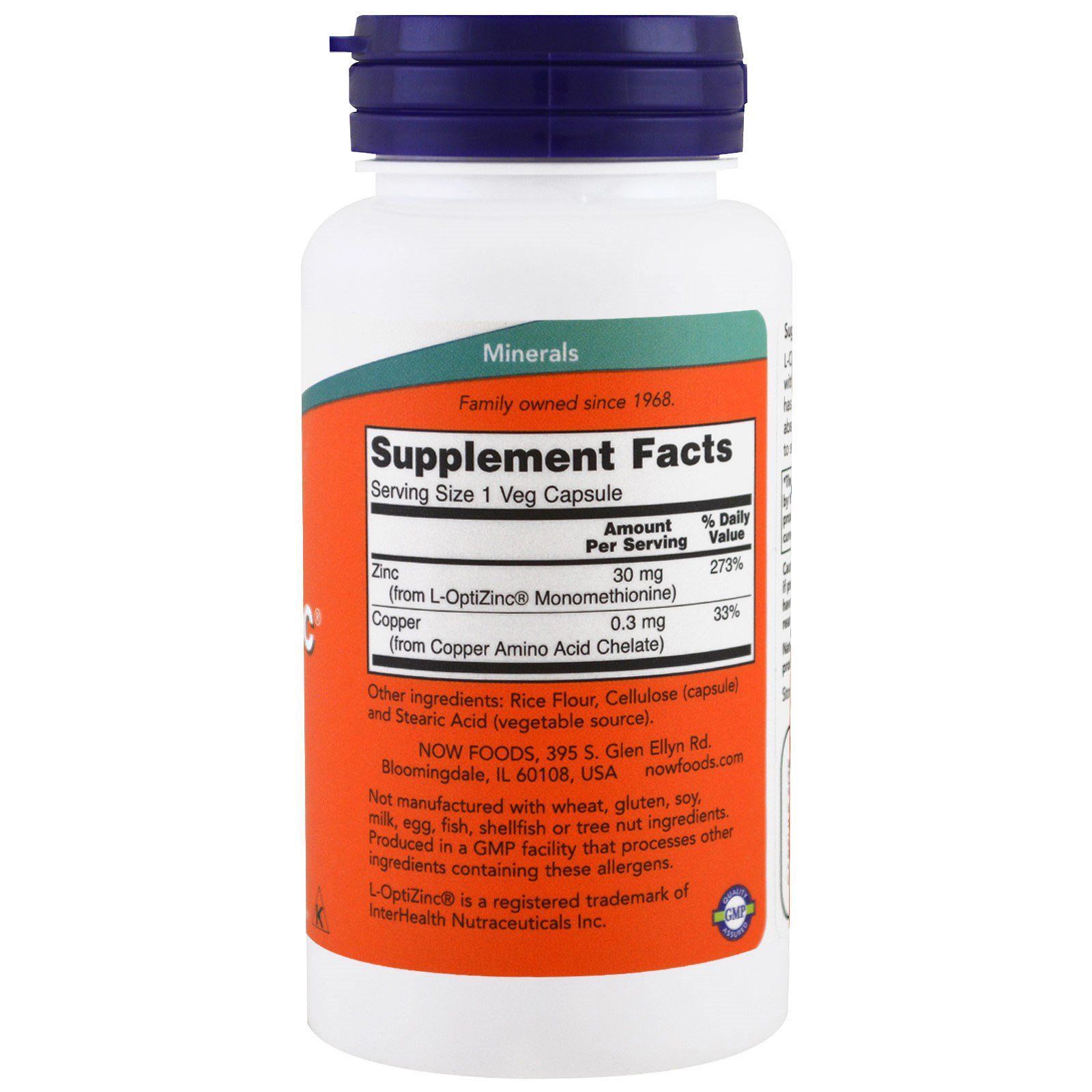 NOW Foods, L-OptiZinc, 30 мг, 100 капсул