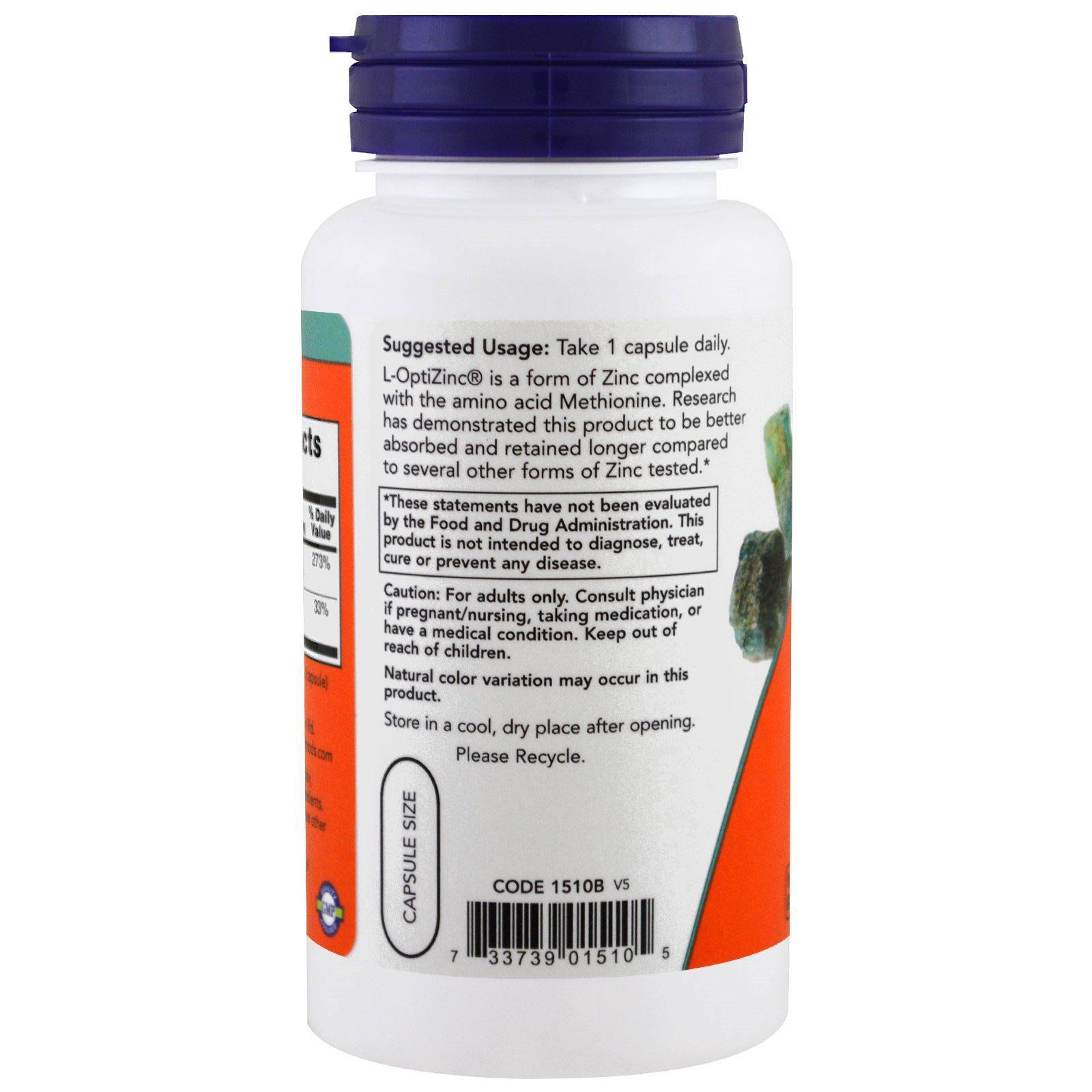 NOW Foods, L-OptiZinc, 30 мг, 100 капсул