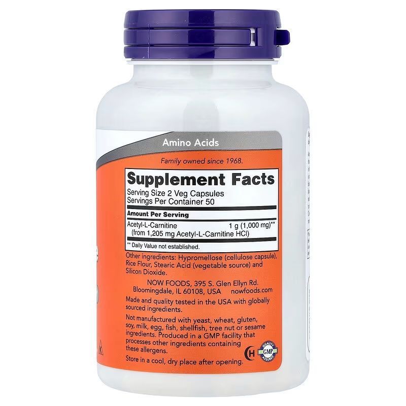 NOW Foods, Acetyl-L-Carnitine, 500 мг, 100 капсул