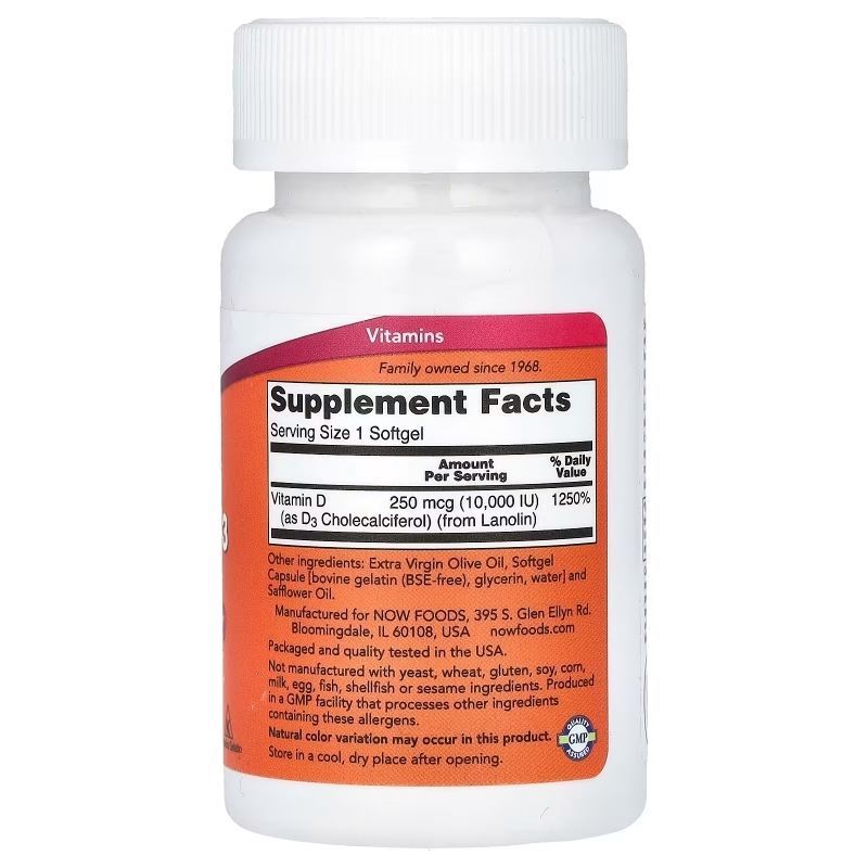 NOW Foods, Vitamin D-3, 10000 МО, 30 капсул