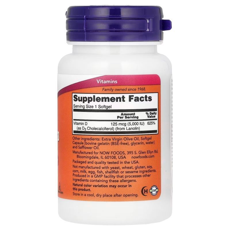 NOW Foods, Vitamin D-3, 5000 МО, 30 капсул